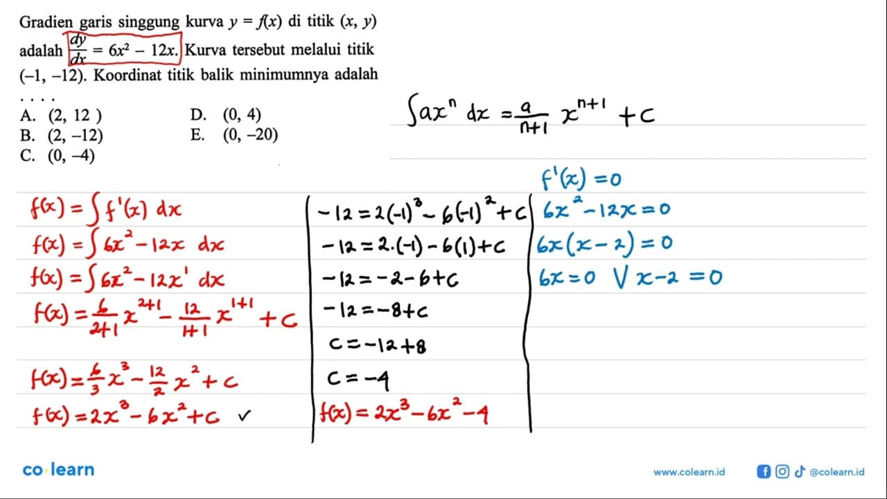 Gradien garis singgung kurva y=f(x) di titik (x, y) adalah