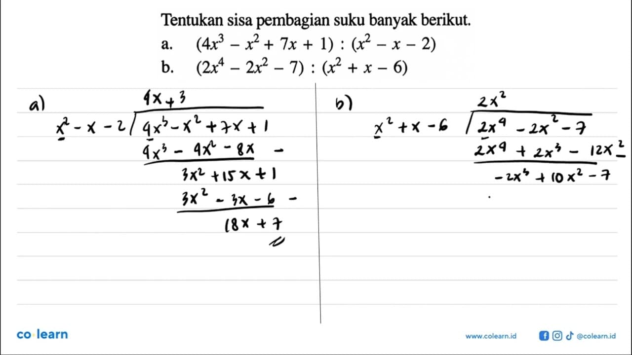 Tentukan sisa pembagian suku banyak berikut. a.