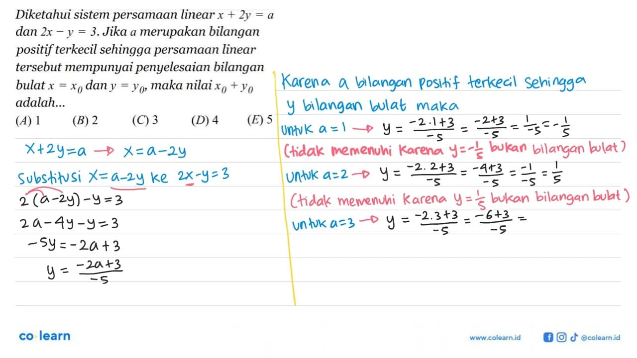 Diketahui sistem persamaan linear x + 2y = a dan 2x - y =