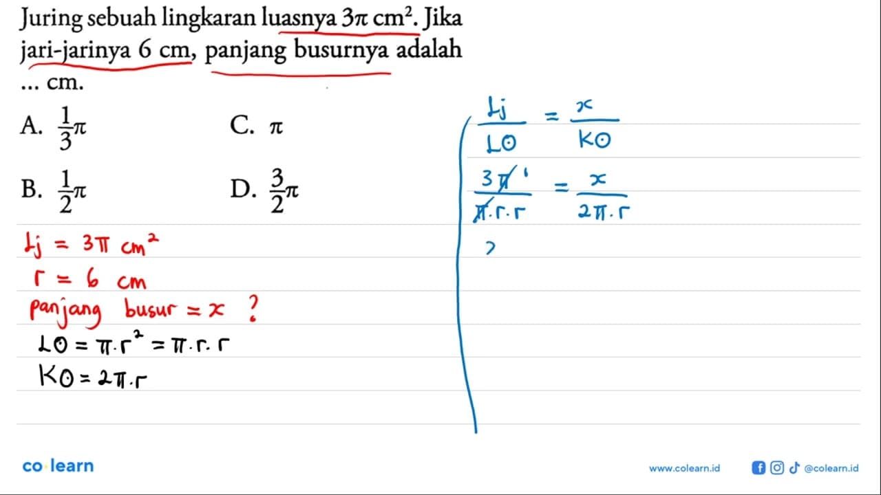 Juring sebuah lingkaran luasnya 3pi cm^2. Jika jari-jarinya