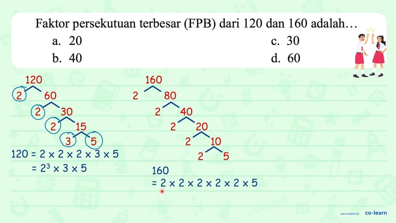 Faktor persekutuan terbesar (FPB) dari 120 dan 160