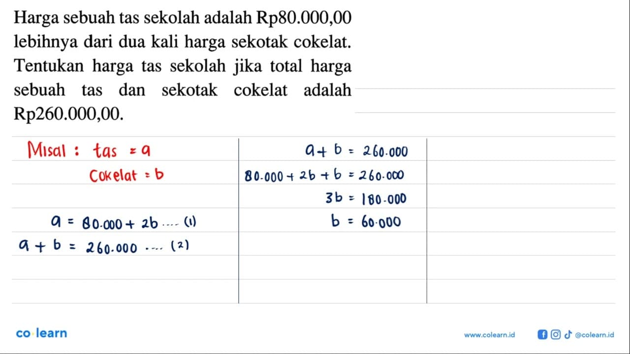 Harga sebuah tas sekolah adalah Rp80.000,00 lebihnya dari