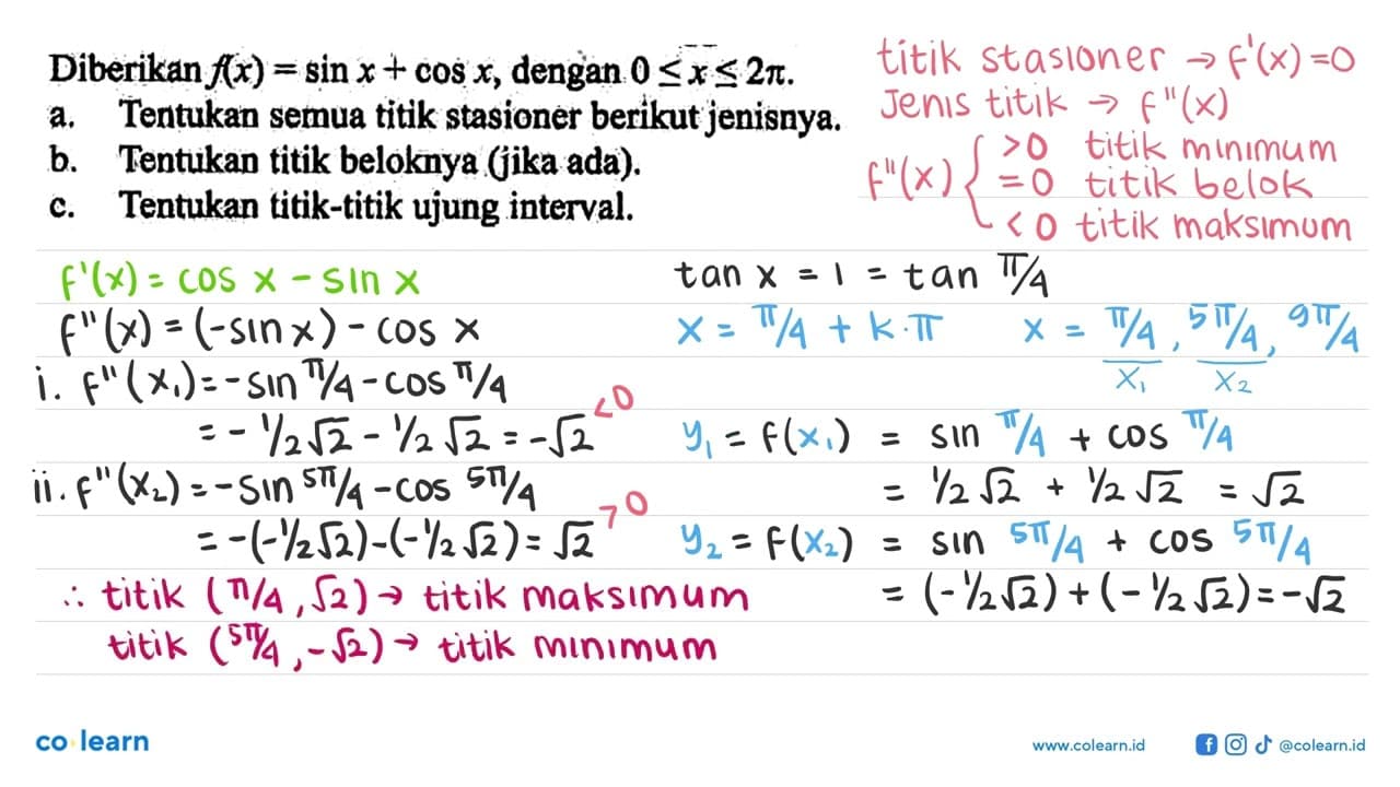 Diberikan f(x) = sin x + cos x, dengan 0 <= x <= 2pi. a.