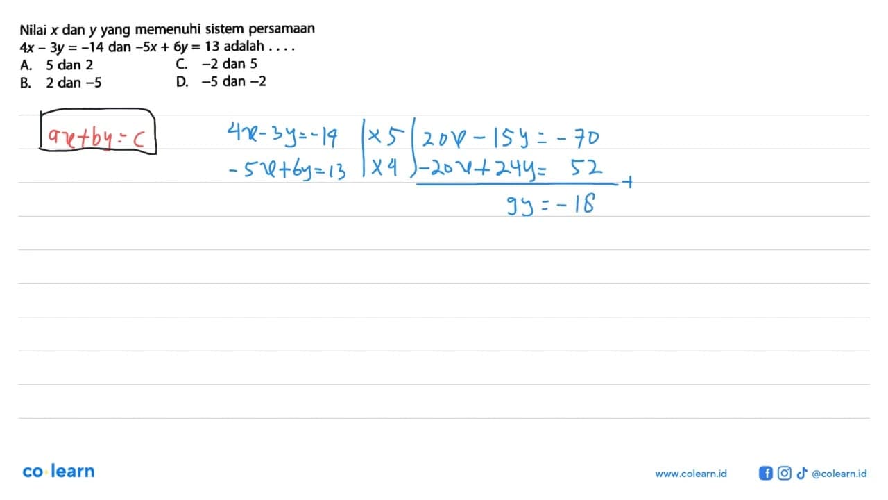 Nilai x dan y yang memenuhi sistem persamaan 4x - 3y = -14