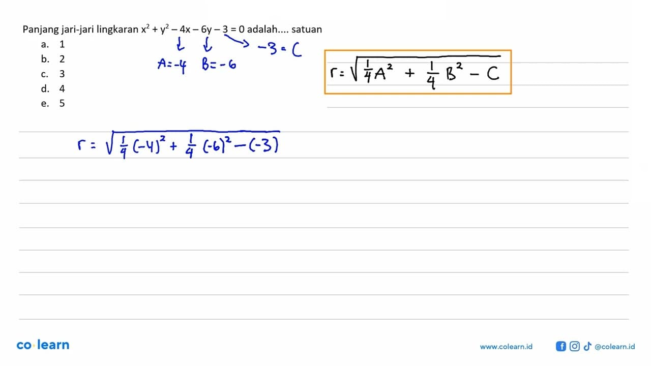 Panjang jari-jari lingkaran x^2+y^2-4x-6y-3=0 adalah....