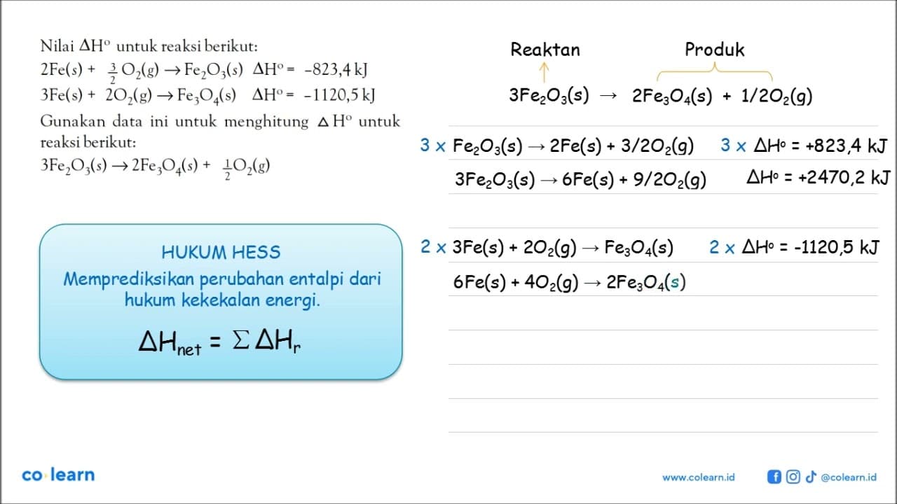 Nilai delta H unutk reaksi berikut: 2Fe (s) + 3/2 O2 (g) ->