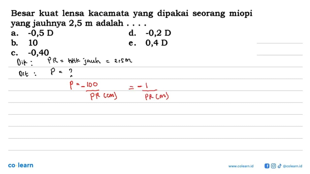 Besar kuat lensa kacamata yang dipakai seorang miopi yang