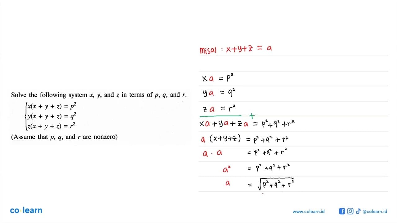 Solve the following system x, y, and z in terms of p, q,