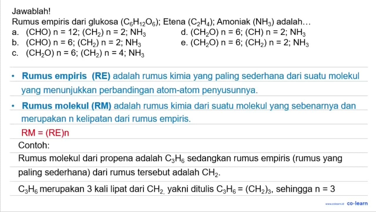 jawablah Rumus empiris dari glukosa (C_(6) H_(12) O_(6)) :