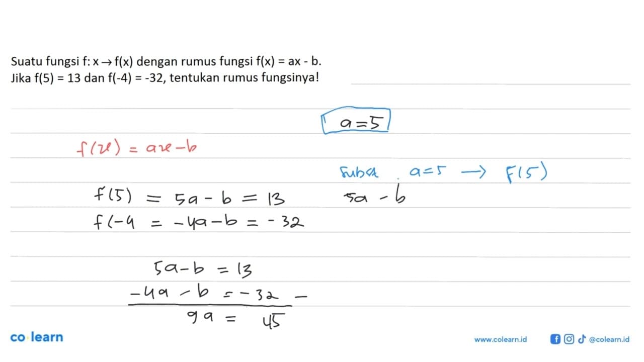 Suatu fungsi f:x->f(x) dengan rumus fungsi f(x)=ax-b . Jika