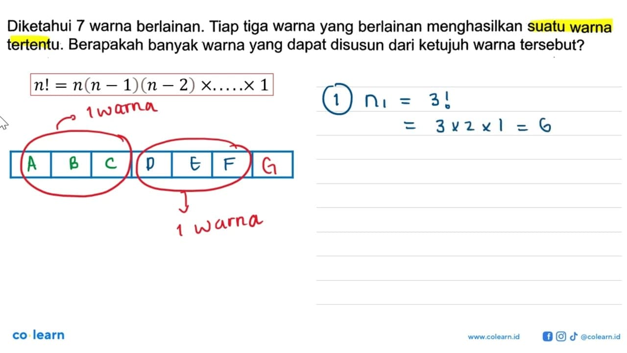 Diketahui 7 warna berlainan. Tiap tiga warna yang berlainan