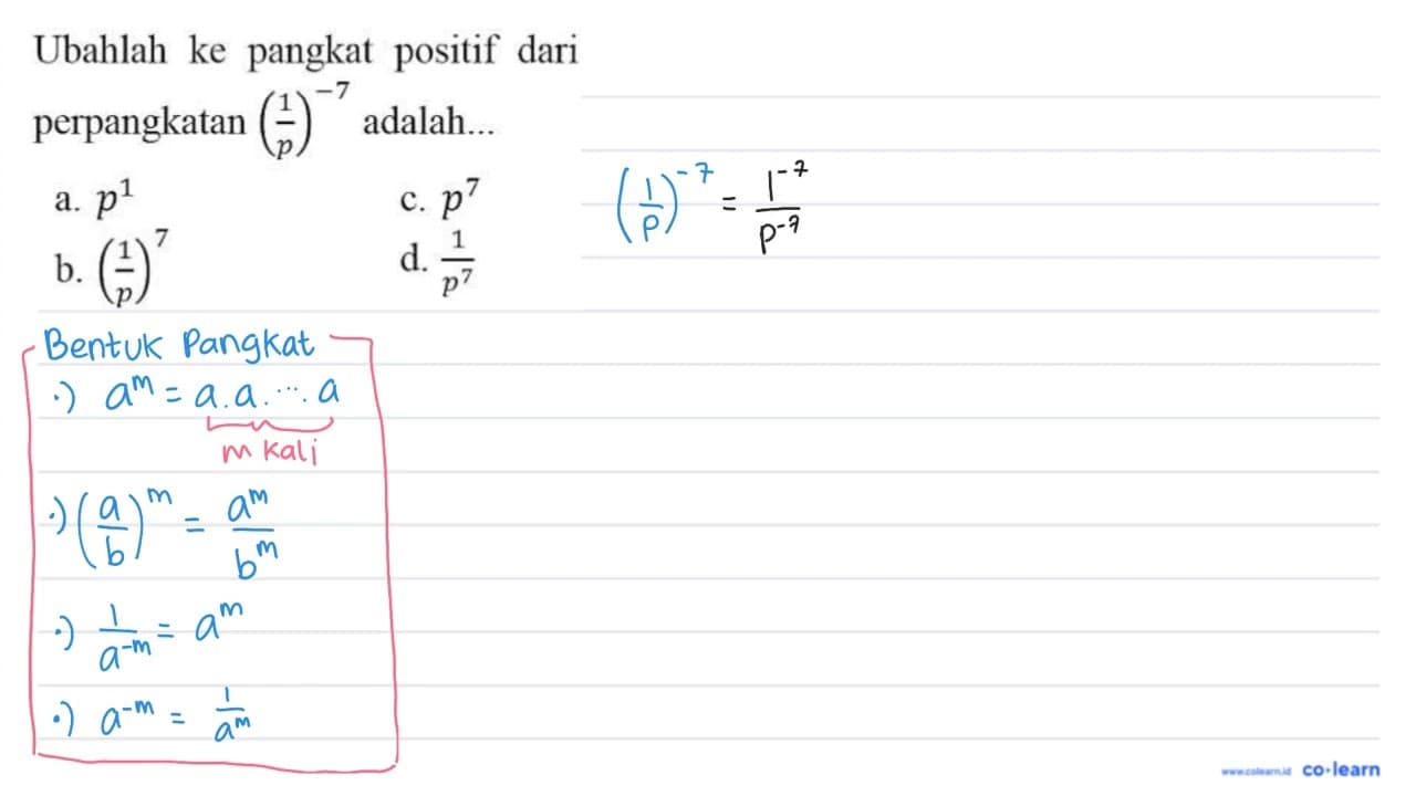 Ubahlah ke pangkat positif dari perpangkatan (1/p)^(-7)