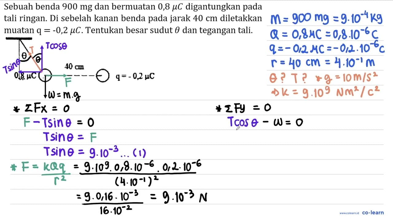 Sebuah benda 900 mg dan bermuatan 0,8 mu C digantungkan