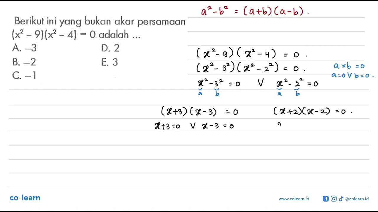 Berikut ini yang bukan akar persamaan (x^2-9)(x^2-4)=0