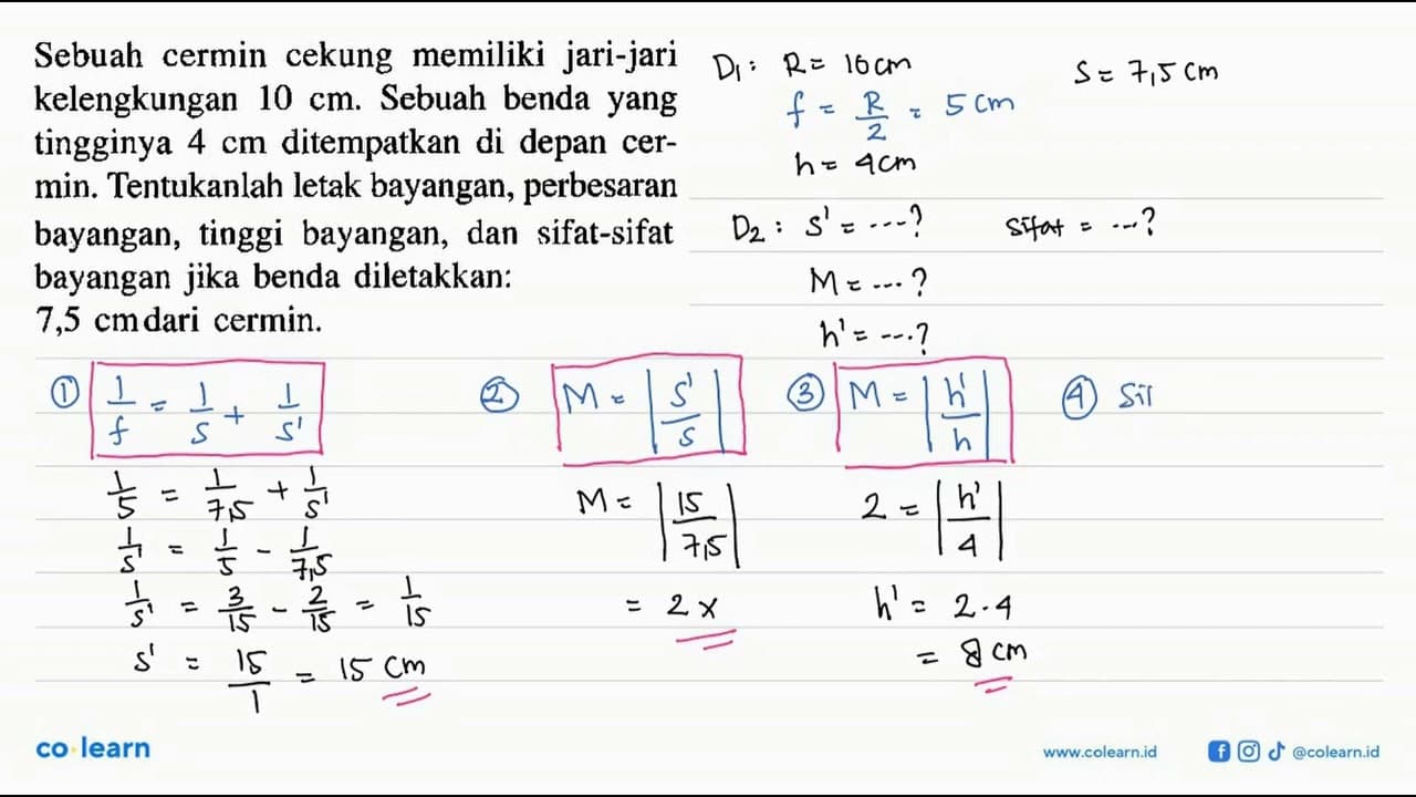 Sebuah cermin cekung memiliki jari-jari kelengkungan 10 cm.