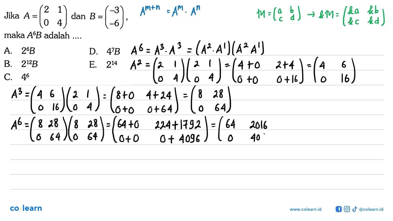 Jika A=(2 1 0 4) dan B=(-3 -6), maka A^6 B adalah ...