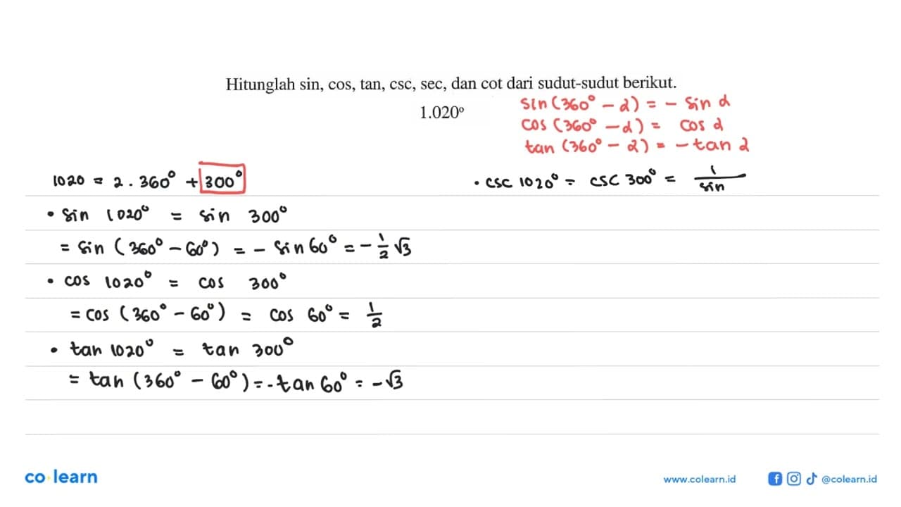 Hitunglah sin, cos, tan, csc, sec, dan cot dari sudut-sudut