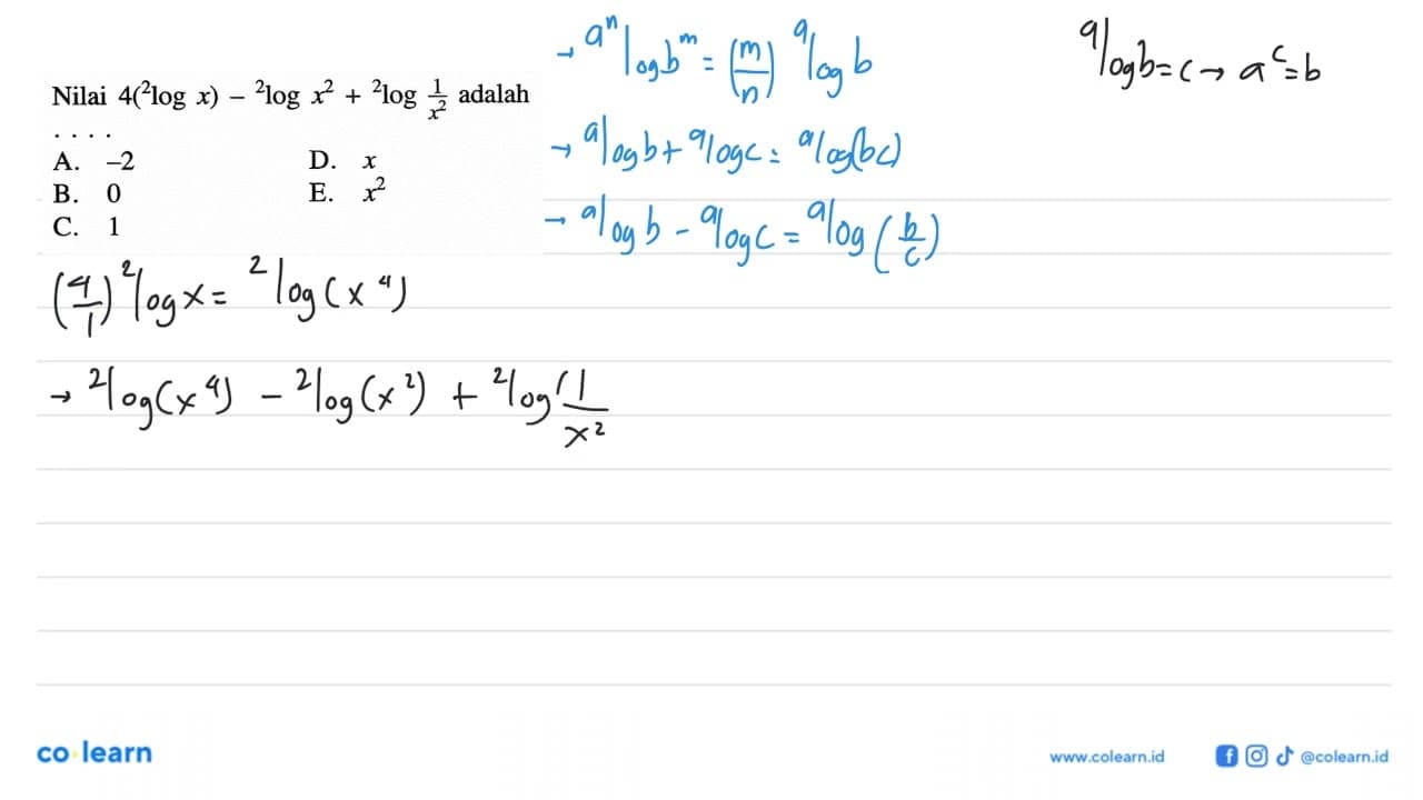 Nilai 4(2log x)- 2log x^2 +2log (1/x^2) adalah