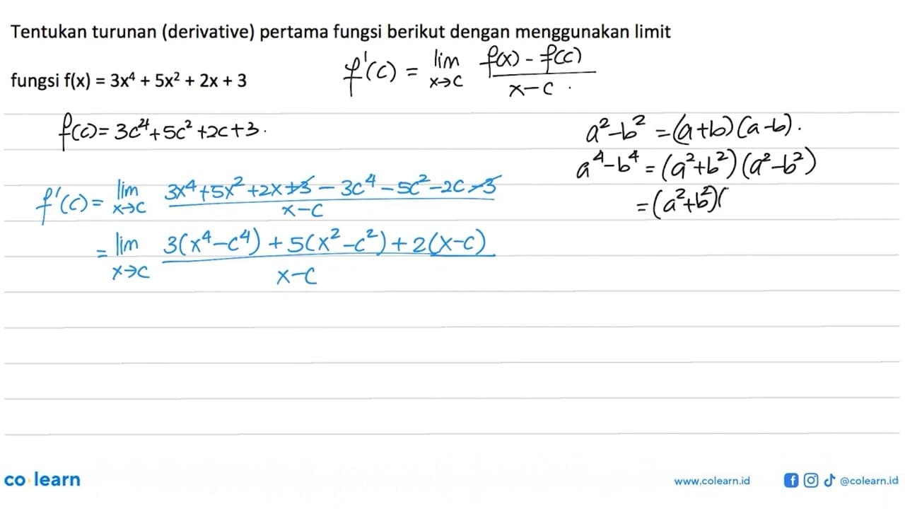 Tentukan turunan (derivative) pertama fungsi berikut dengan