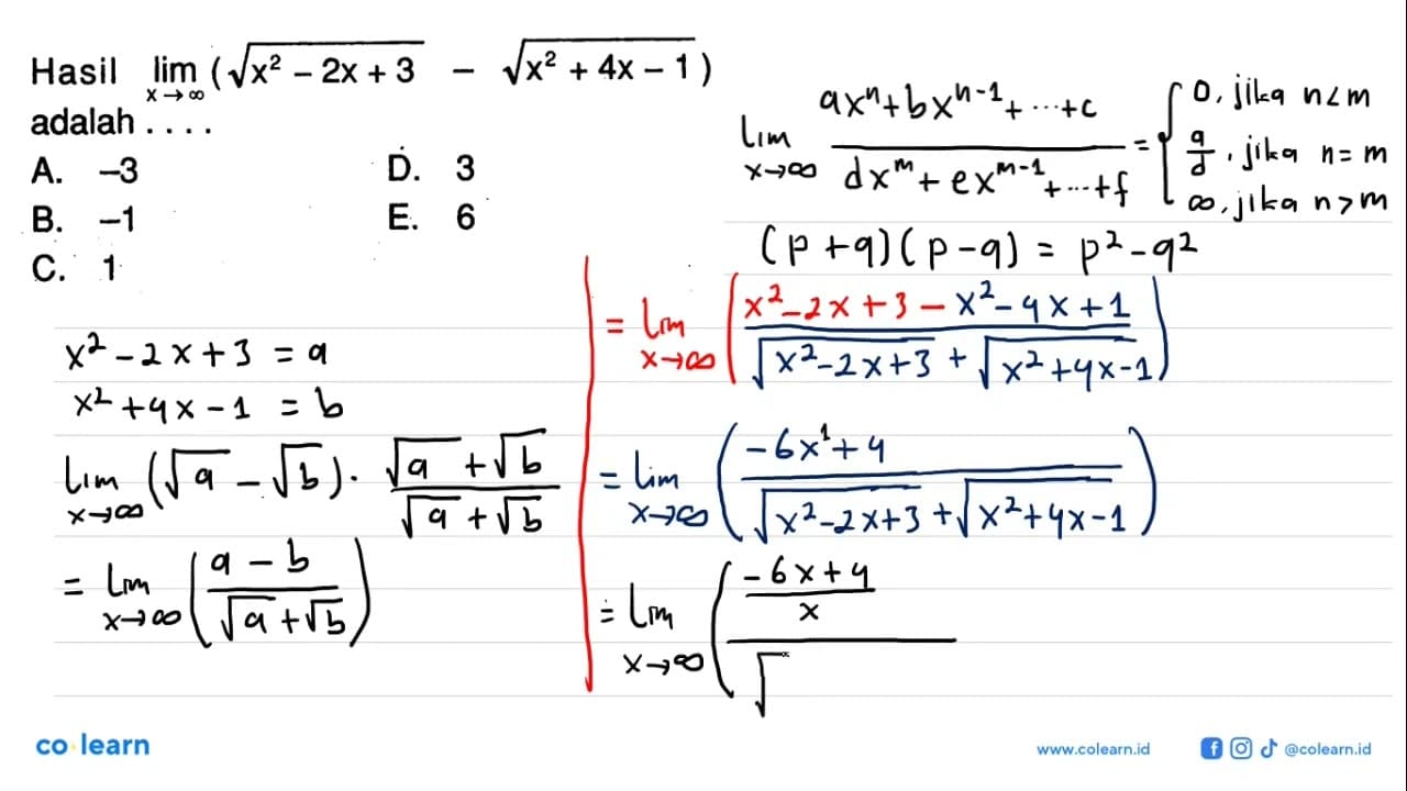 Hasil limit x mendekati tak hingga (akar(x^2-2x+3) -