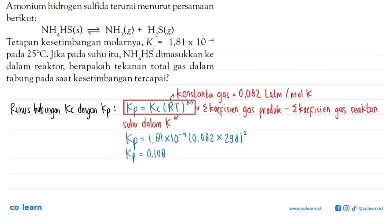 A monium hidrogen sulfida terurai menurut persamaan