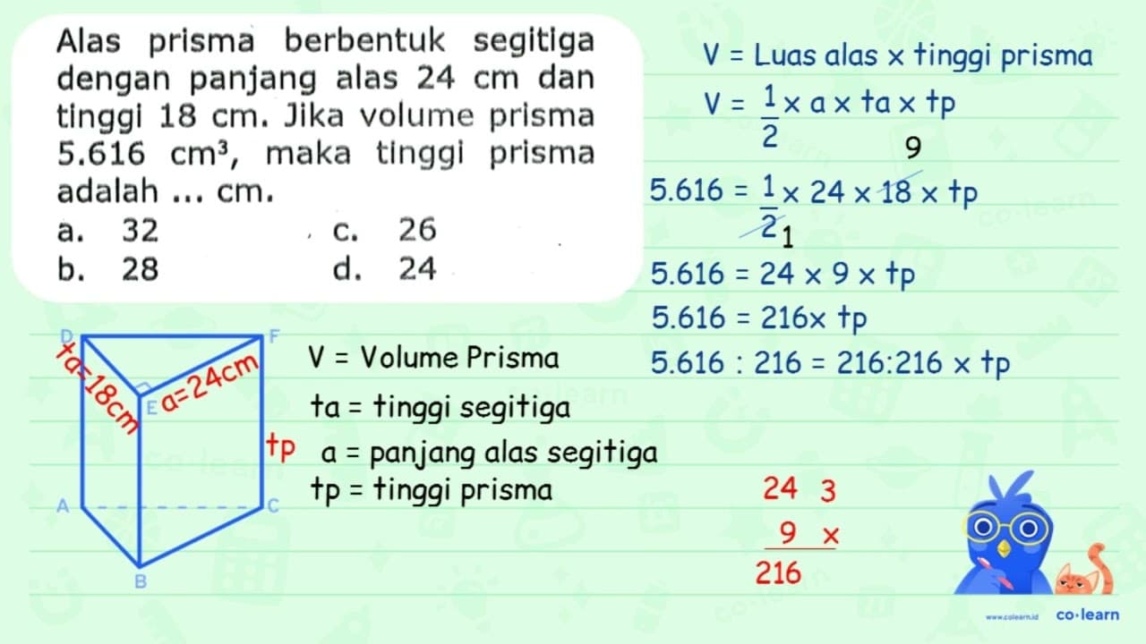 Alas prisma berbentuk segitiga dengan panjang alas 24 cm