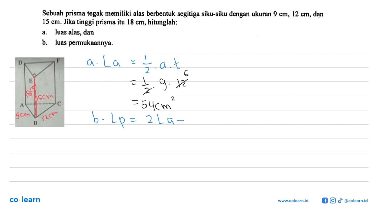 Sebuah prisma tegak memiliki alas berbentuk segitiga