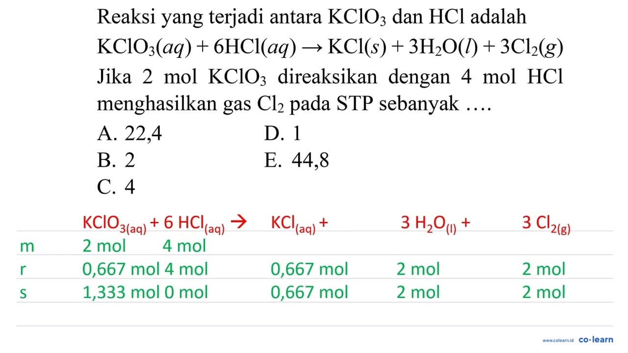 Reaksi yang terjadi antara KClO_(3) dan HCl adalah