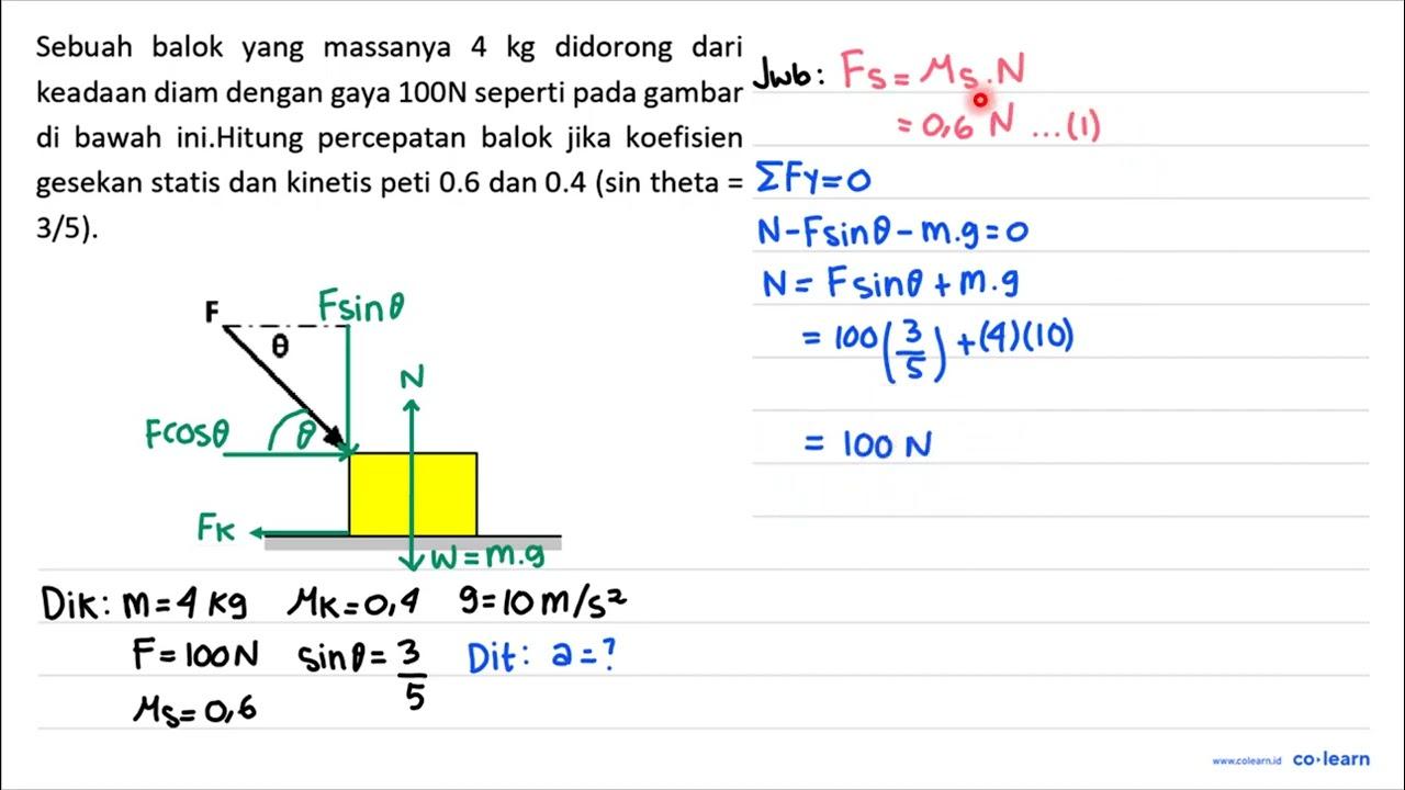 Sebuah balok yang massanya 4 kg didorong dari keadaan diam