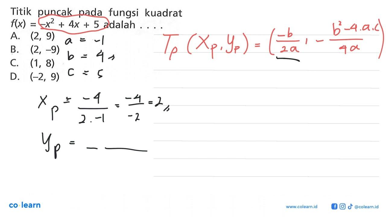 Titik puncak pada fungsi kuadrat f(x) = -x^2 + 4x + 5