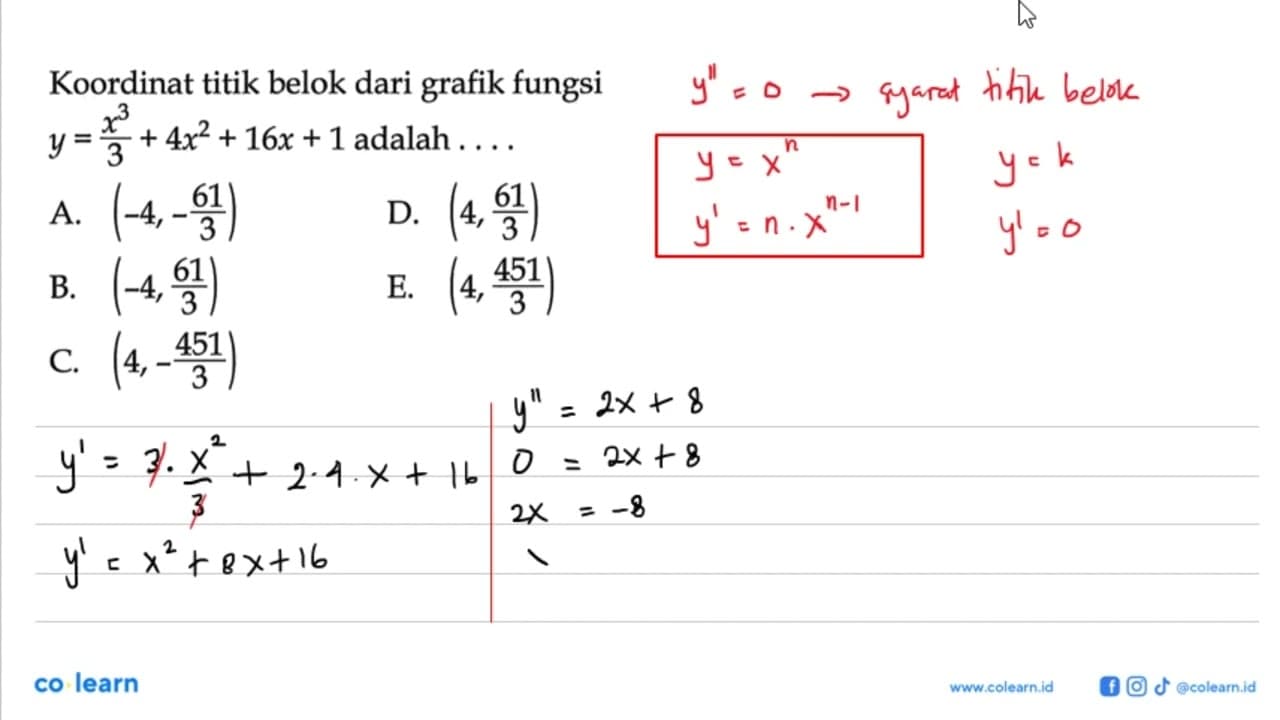 Koordinat titik belok dari grafik fungsi y=x^3/3+4x^2+16x+1