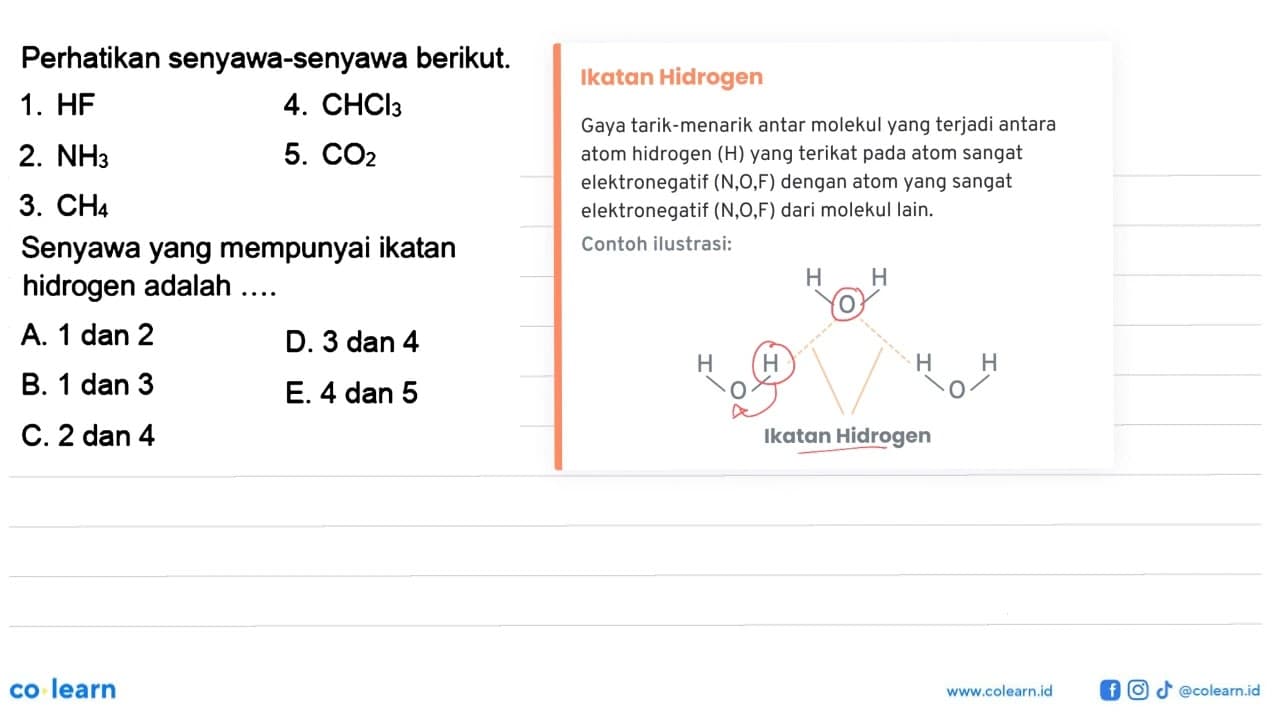 Perhatikan senyawa-senyawa berikut. 1. HF 2. NH3 3. CH4 4.