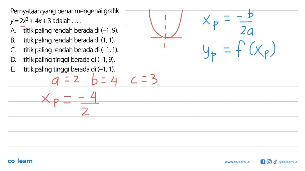 Pernyataan yang benar mengenai grafik y=2x^2+4x+3