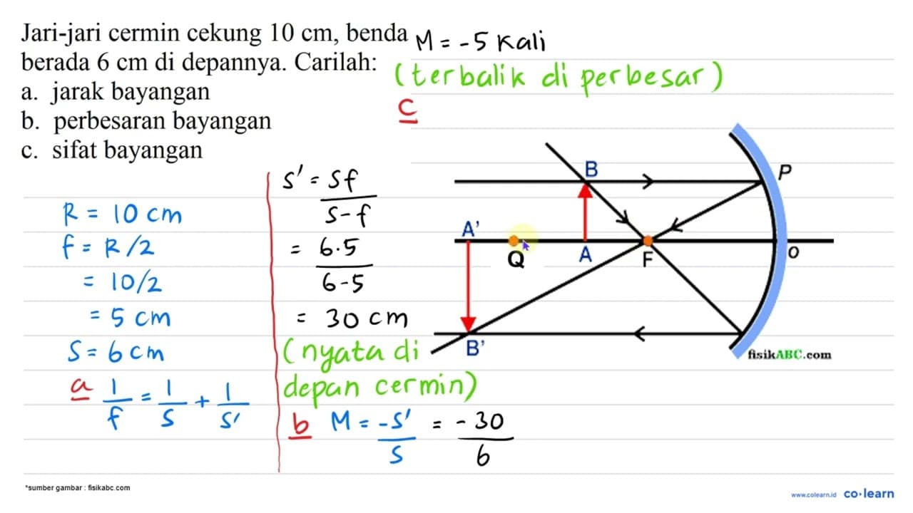 Jari-jari cermin cekung 10 cm , benda berada 6 cm di