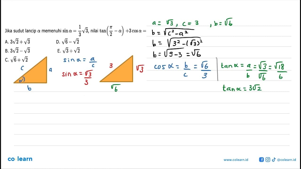 Jika sudut lancip a memenuhi sin a=1/3(3^1/2), nilai tan