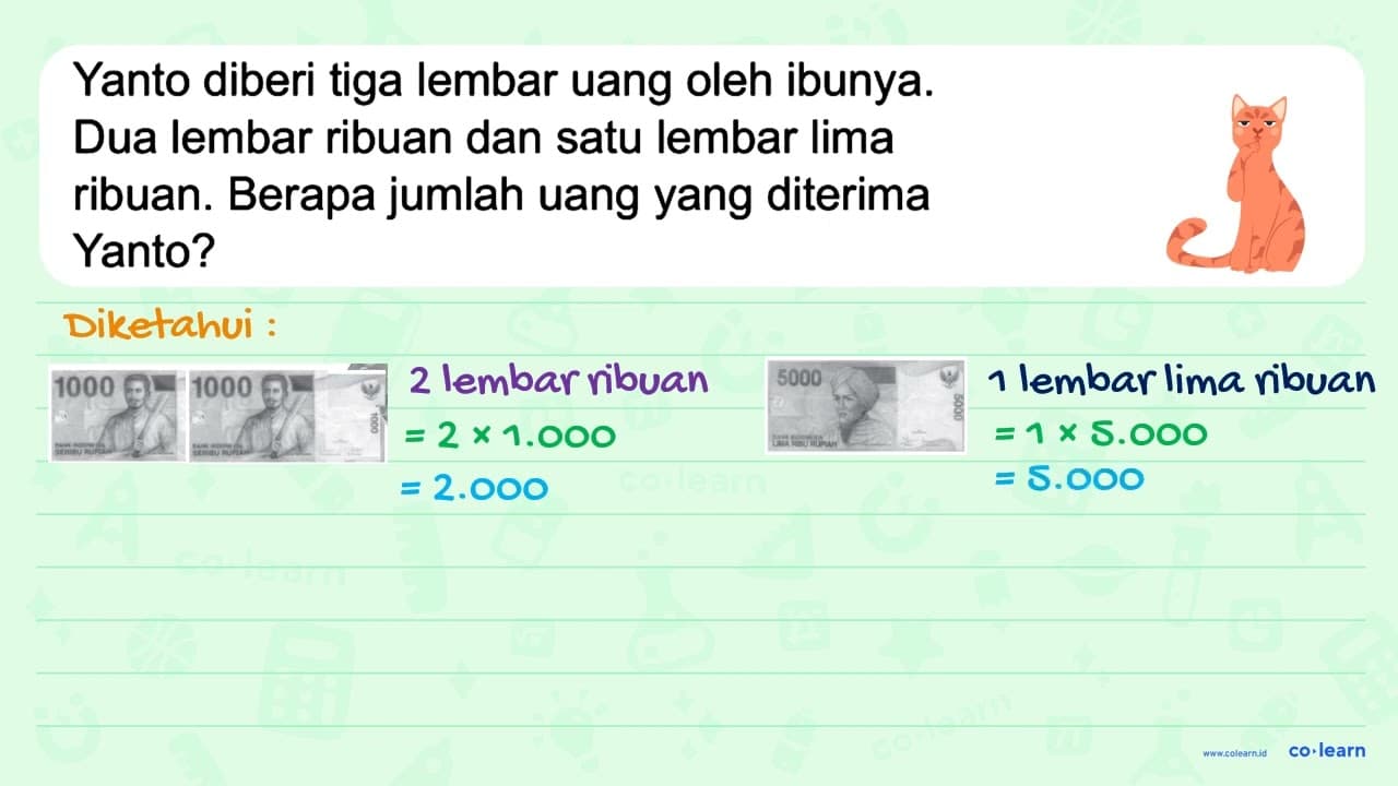 Yanto diberi tiga lembar uang oleh ibunya. Dua lembar