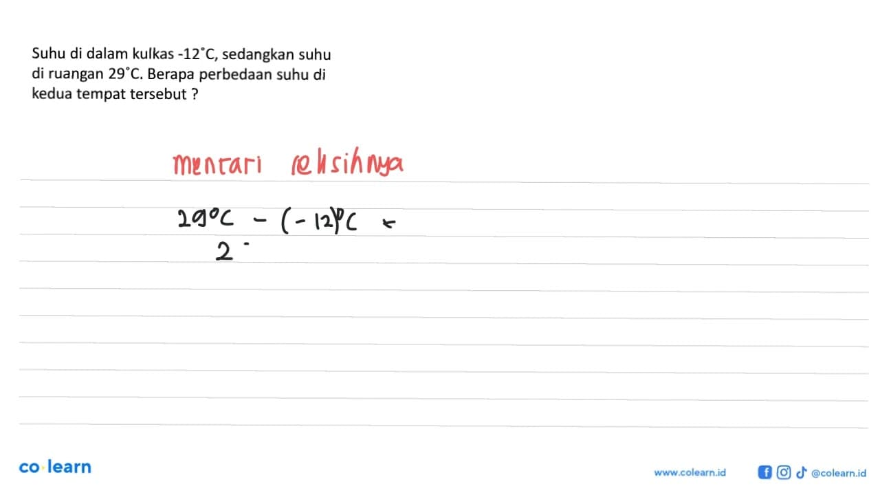 Suhu di dalam kulkas -12 C, sedangkan suhu di ruangan 29 C.