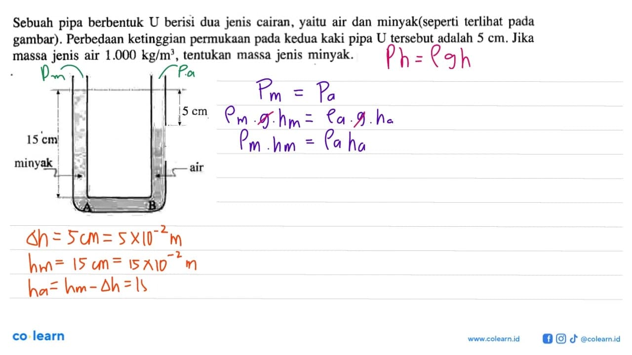 Sebuah pipa berbentuk U berisi dua jenis cairan, yaitu air