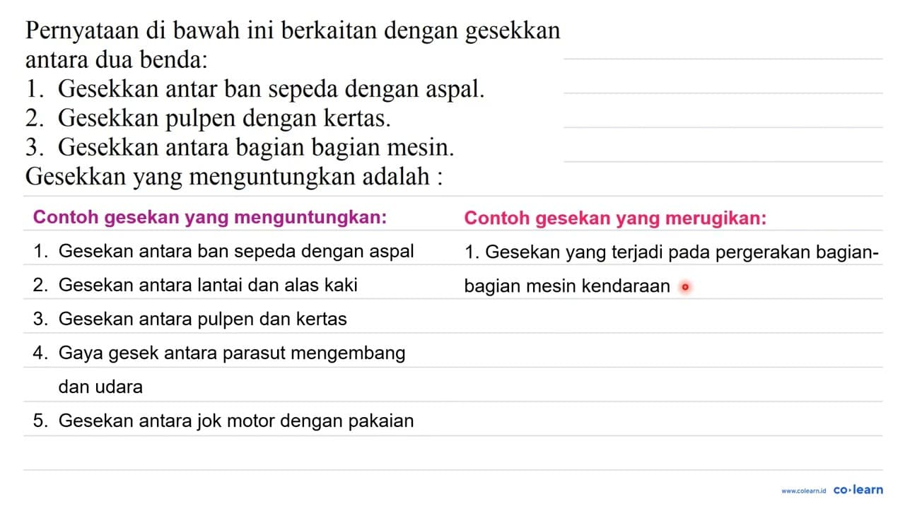 Pernyataan di bawah ini berkaitan dengan gesekkan antara