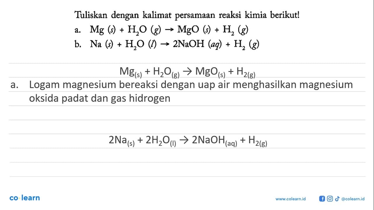 Tuliskan dengan kalimat persamaan reaksi kimia berikut!a.