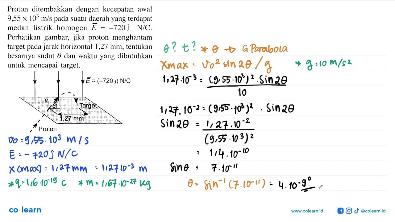 Proton ditembakkan dengan kecepatan awal 9,55 x 10^3 m/s