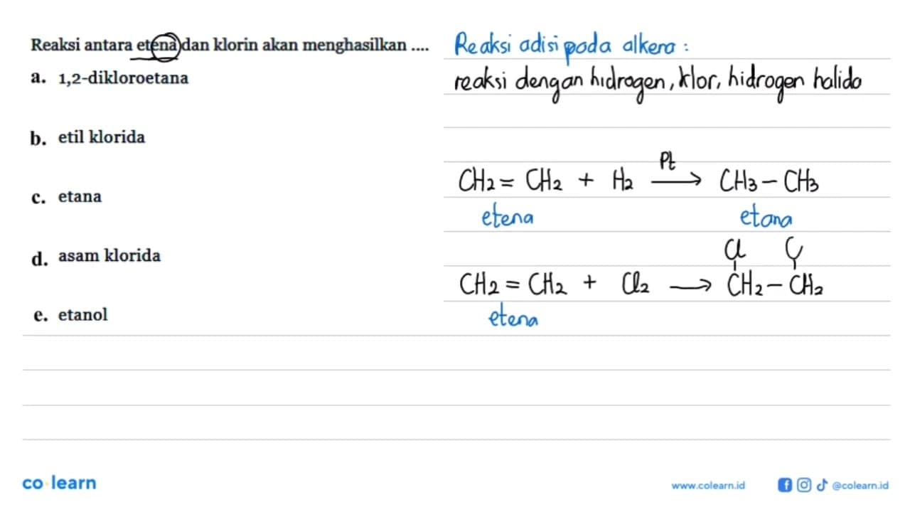 Reaksi antara etena dan klorin akan menghasilkan ...
