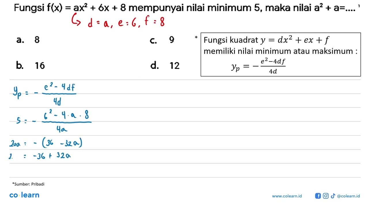 Fungsi f(x)=ax^2+6x+8 mempunyai nilai minimum 5, maka nilai