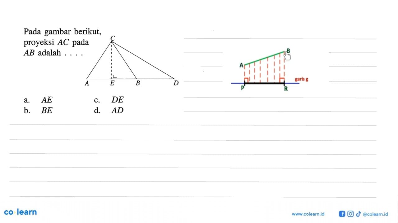 Pada gambar berikut, proyeksi AC pada AB adalah .... C A E