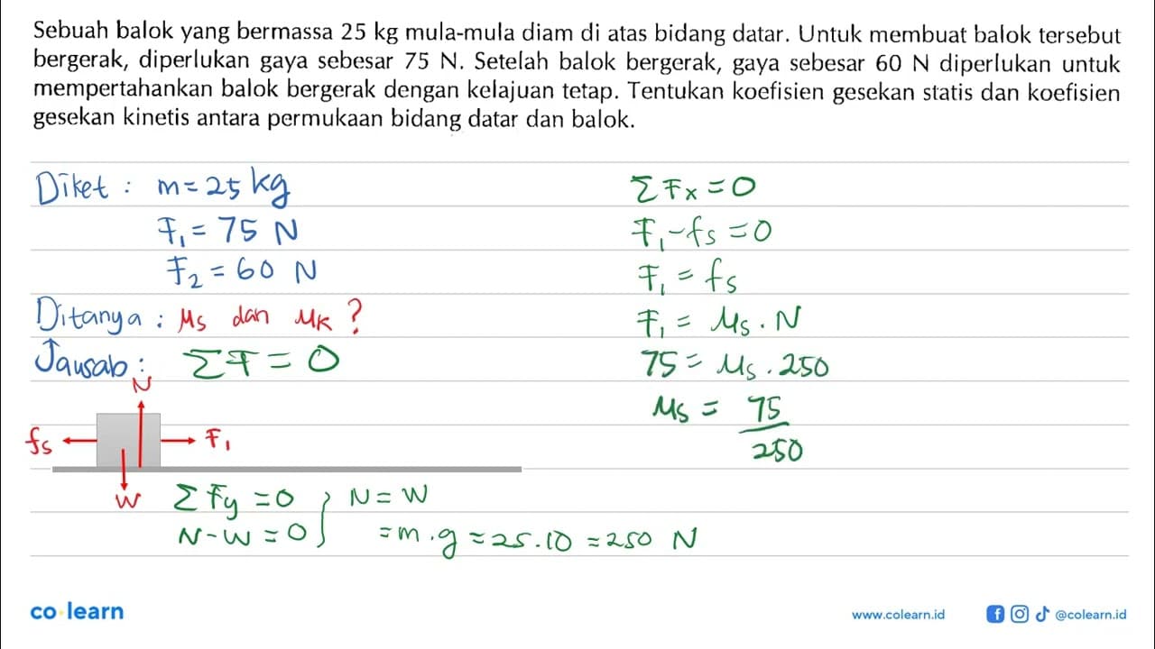 Sebuah balok yang bermassa 25 kg mula-mula diam di atas