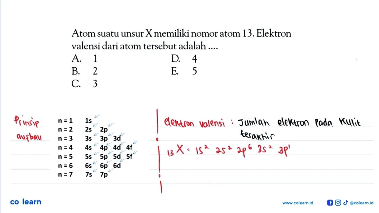 Atom suatu unsur X memiliki nomor atom 13. Elektron valensi