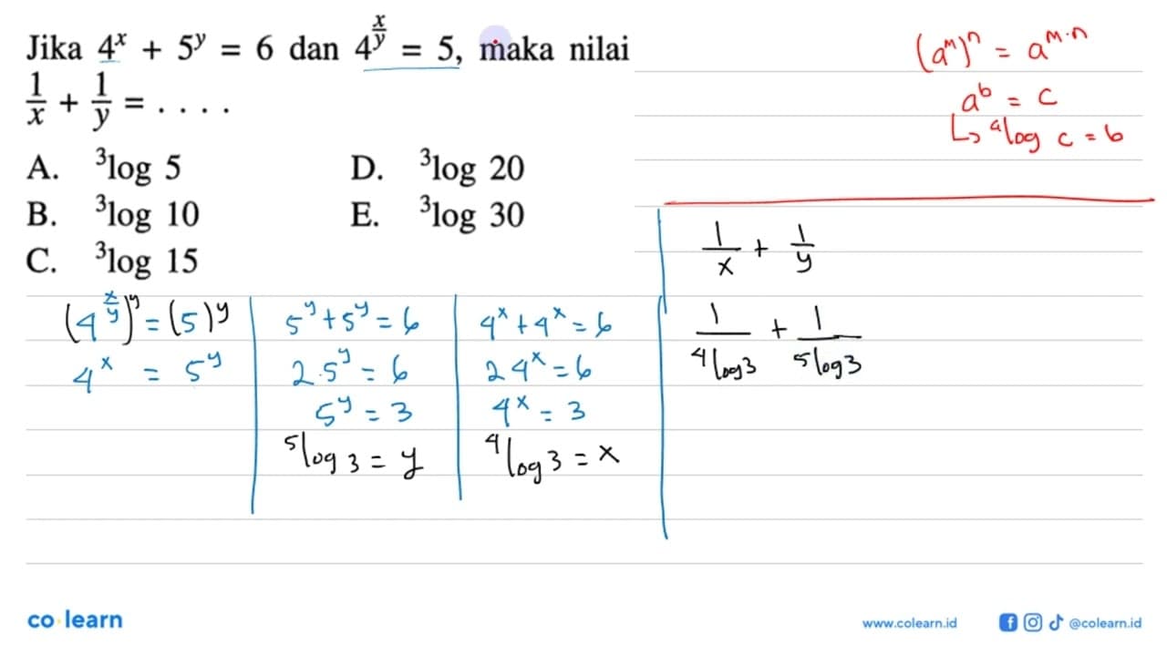 Jika 4^x+5^y=6 dan 4^(x/y)=5, maka nilai 1/x+1/y=....