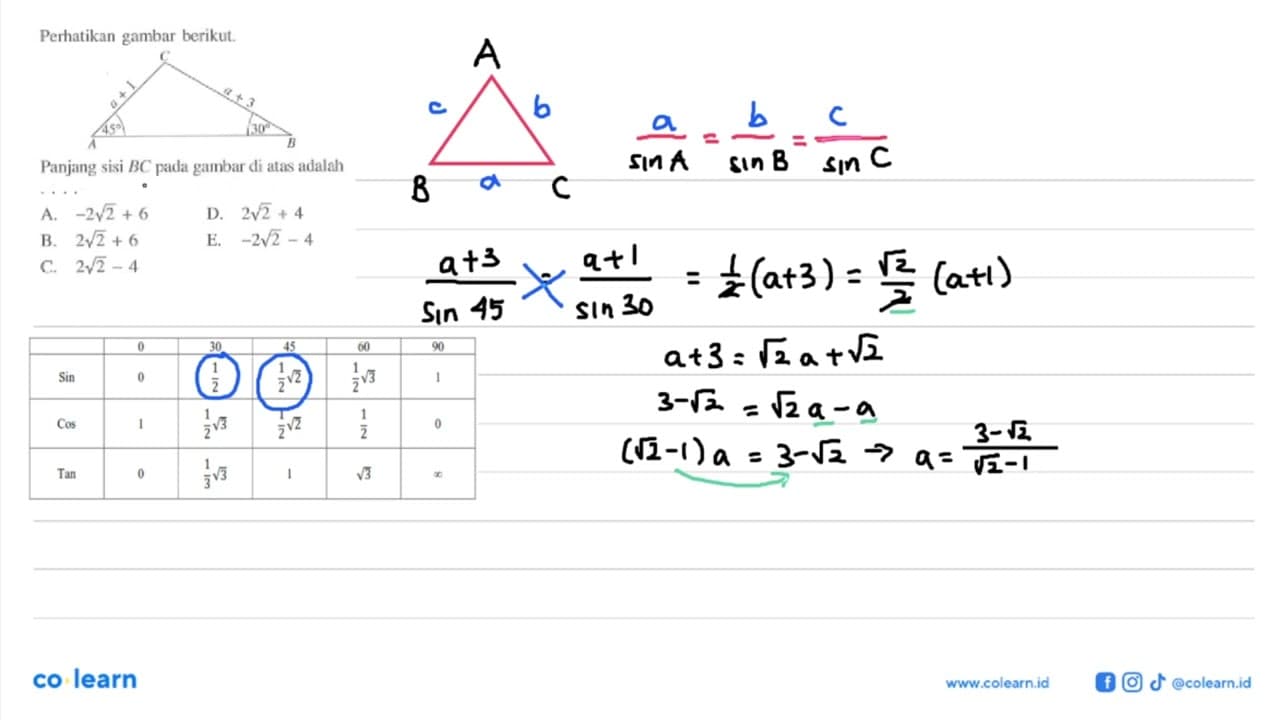 Perhatikan gambar berikut.C B A a+1 a+3 45 30Panjang sisi