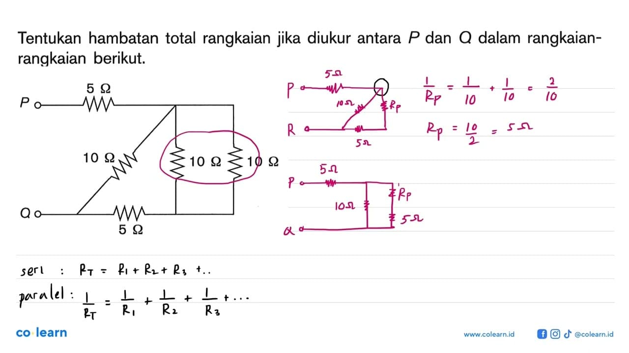 Tentukan hambatan total rangkaian jika diukur antara P dan