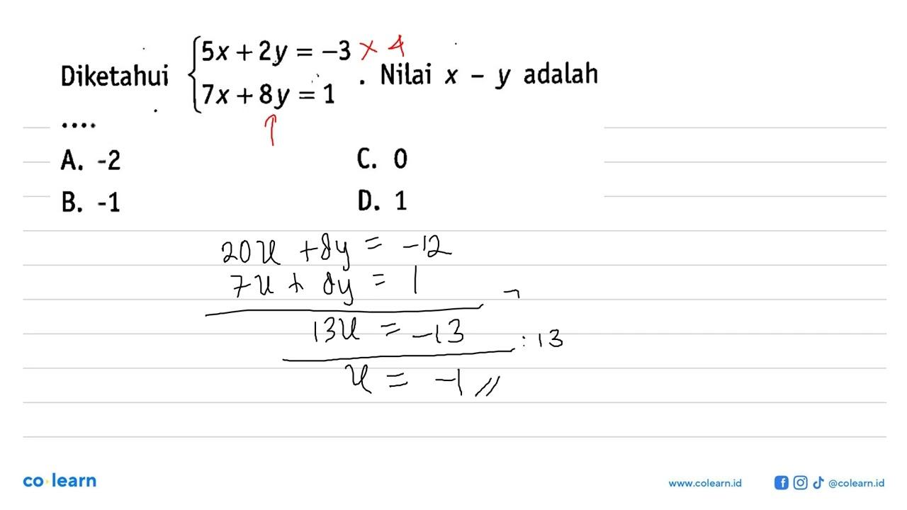 Diketahui 5x + 2y = -3 7x + 8y = 1. Nilai x - y adalah...